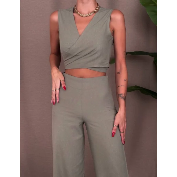 ÖNDEN BAĞLAMALI KETEN BLUZ PANTOLON TAKIM HAKİ