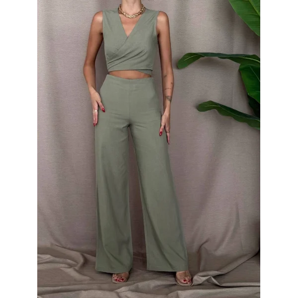 ÖNDEN BAĞLAMALI KETEN BLUZ PANTOLON TAKIM HAKİ