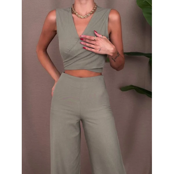 ÖNDEN BAĞLAMALI KETEN BLUZ PANTOLON TAKIM HAKİ