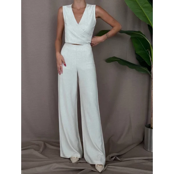 ÖNDEN BAĞLAMALI BLUZ PANTOLON KETEN TAKIM EKRU