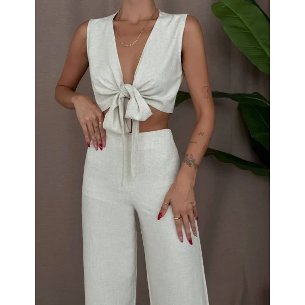 ÖNDEN BAĞLAMALI BLUZ PANTOLON KETEN TAKIM EKRU