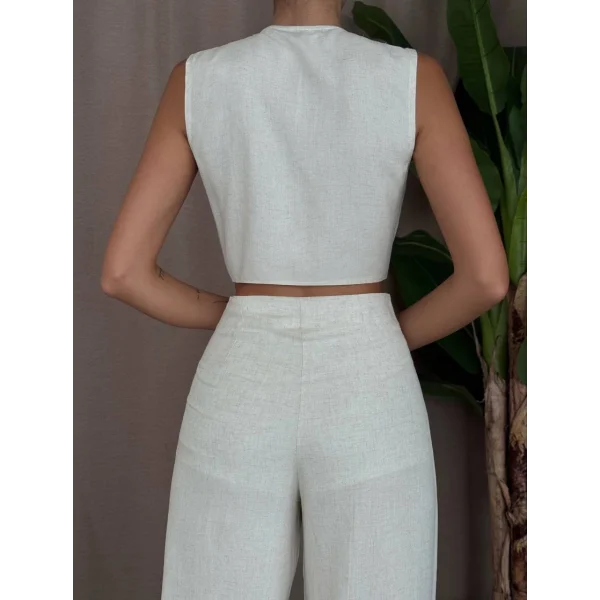 ÖNDEN BAĞLAMALI BLUZ PANTOLON KETEN TAKIM EKRU