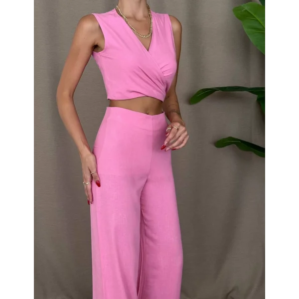 ÖNDEN BAĞLAMALI KETEN BLUZ PANTOLON TAKIM PEMBE