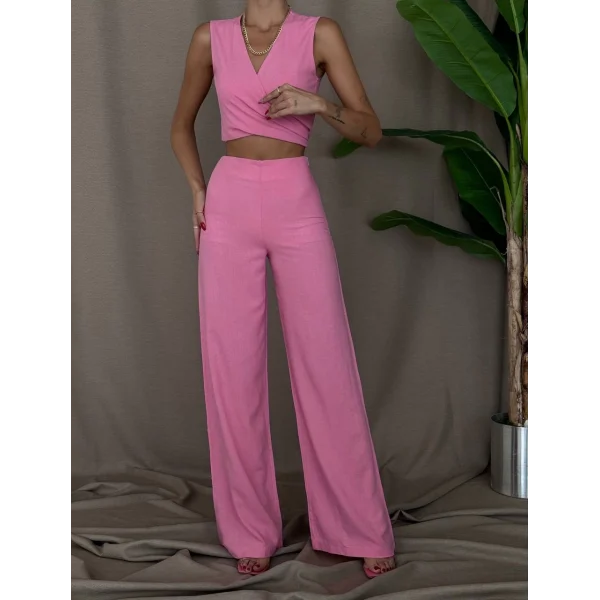 ÖNDEN BAĞLAMALI KETEN BLUZ PANTOLON TAKIM PEMBE