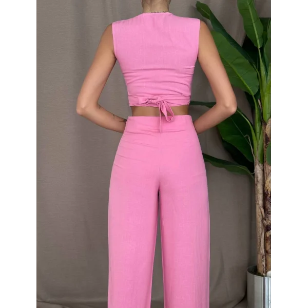 ÖNDEN BAĞLAMALI KETEN BLUZ PANTOLON TAKIM PEMBE