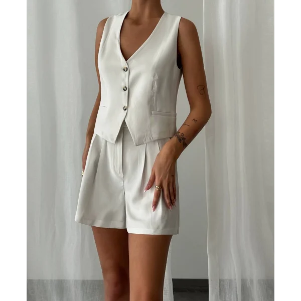 MODAL KUMAŞ ŞORT YELEK TAKIM BEYAZ