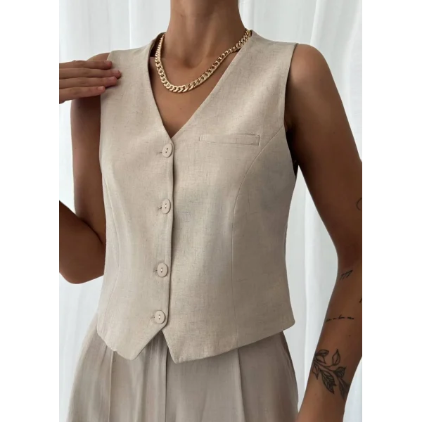 KETEN YELEK PANTOLON TAKIM BEJ