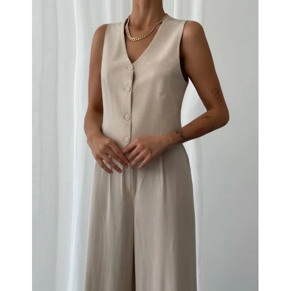 KETEN YELEK PANTOLON TAKIM BEJ