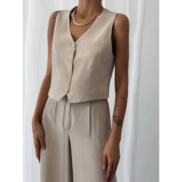 KETEN YELEK PANTOLON TAKIM BEJ