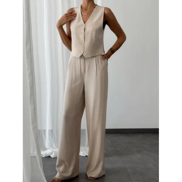 KETEN YELEK PANTOLON TAKIM BEJ