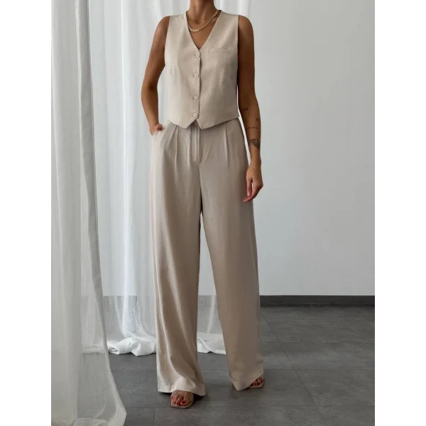 KETEN YELEK PANTOLON TAKIM BEJ