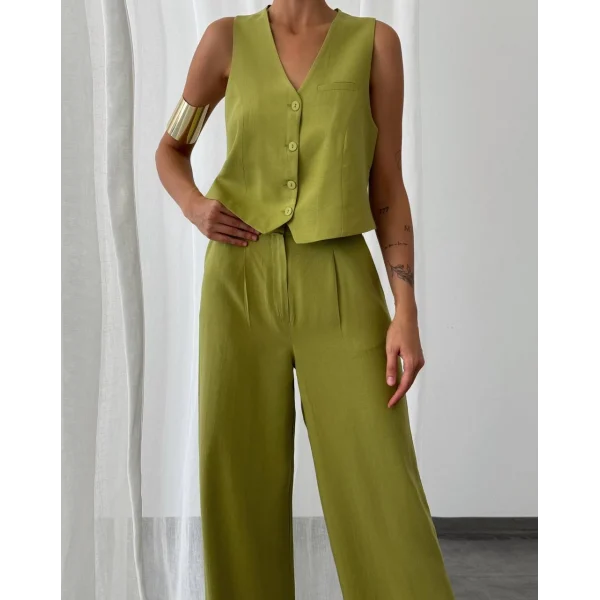 KETEN YELEK PANTOLON TAKIM KİVİ