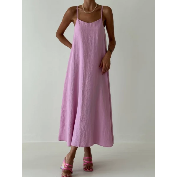 İNCE ASKILI UZUN PEMBE KETEN ELBİSE