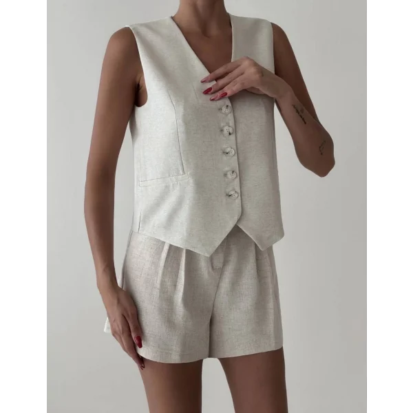 TAŞ RENK SÜS CEPLİ PREMİUM KETEN YELEK