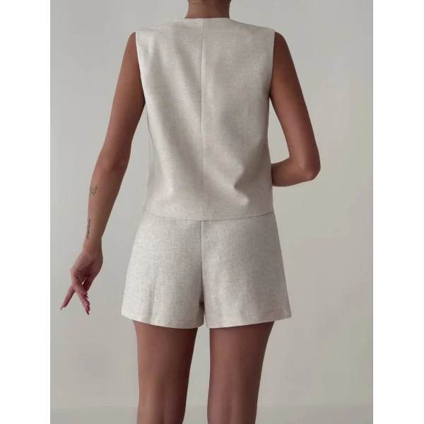 TAŞ RENK SÜS CEPLİ PREMİUM KETEN YELEK