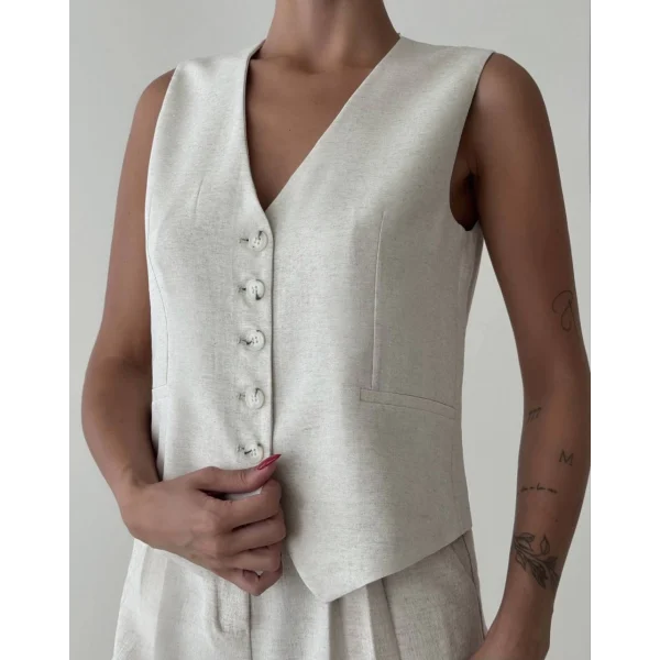 TAŞ RENK SÜS CEPLİ PREMİUM KETEN YELEK