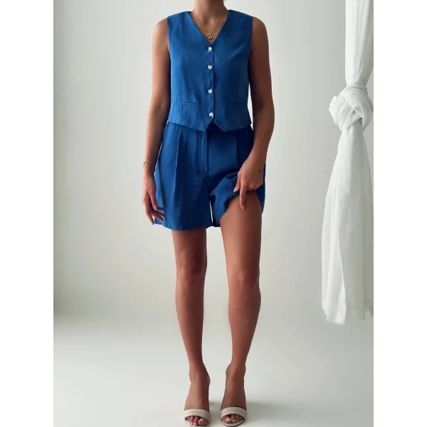 EXEN MODAL KUMAŞ ŞORT YELEK TAKIM İNDİGO