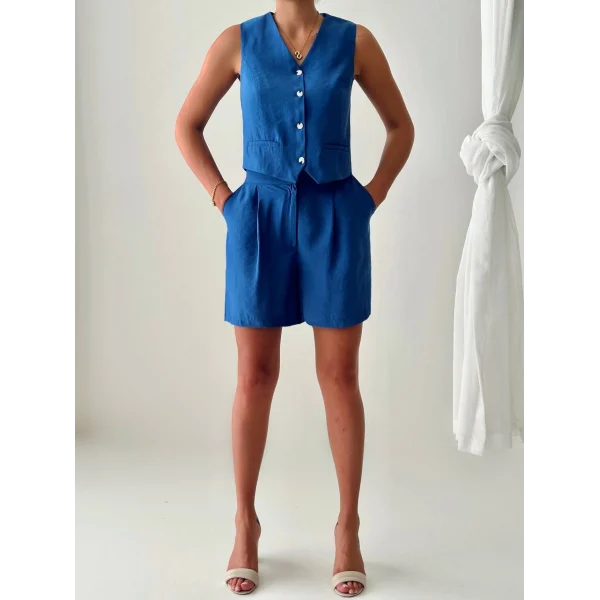 EXEN MODAL KUMAŞ ŞORT YELEK TAKIM İNDİGO