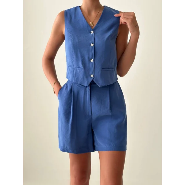 EXEN MODAL KUMAŞ ŞORT YELEK TAKIM İNDİGO