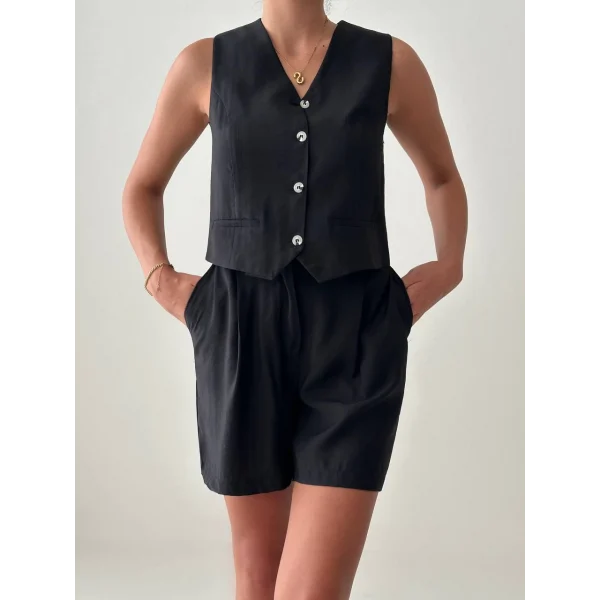 EXEN MODAL KUMAŞ ŞORT YELEK TAKIM SİYAH