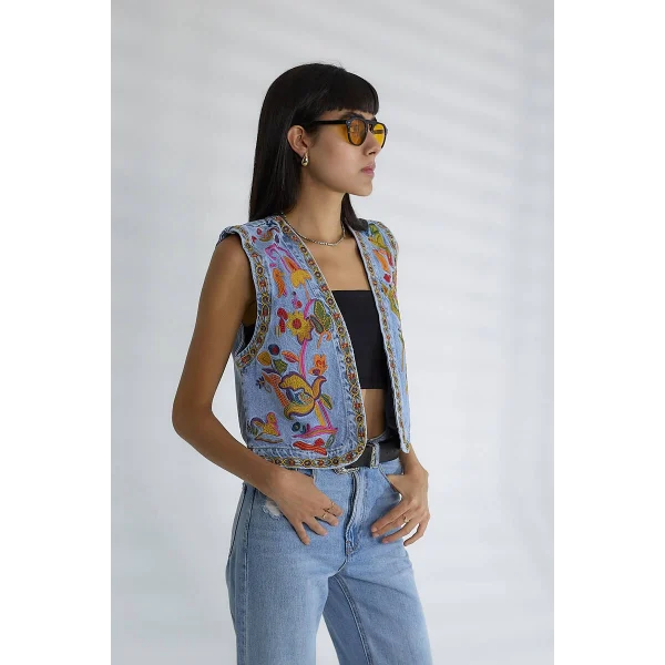 ETNİK DESENLİ DENİM YELEK