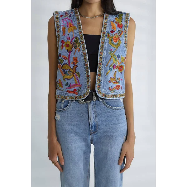 ETNİK DESENLİ DENİM YELEK