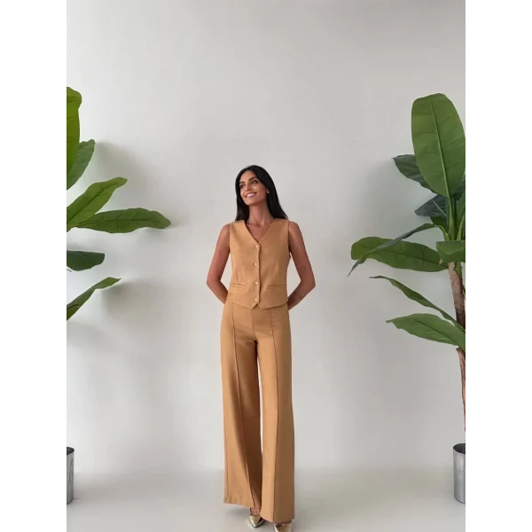 PREMİUM YÜN EFEKT KUMAŞ YELEK PANTOLON TAKIM VİZON