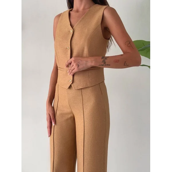 PREMİUM YÜN EFEKT KUMAŞ YELEK PANTOLON TAKIM VİZON