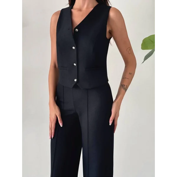 PREMİUM YÜN EFEKT KUMAŞ YELEK PANTOLON TAKIM SİYAH