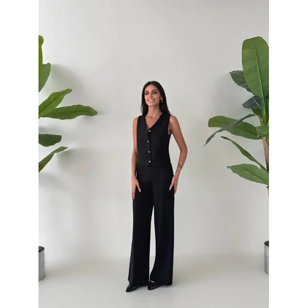 PREMİUM YÜN EFEKT KUMAŞ YELEK PANTOLON TAKIM SİYAH