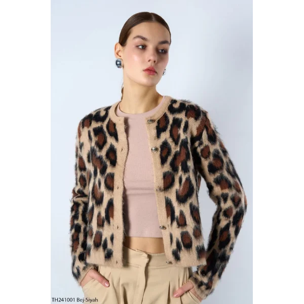 Şardonlu Leopar Desen Hırka - Bej-Siyah