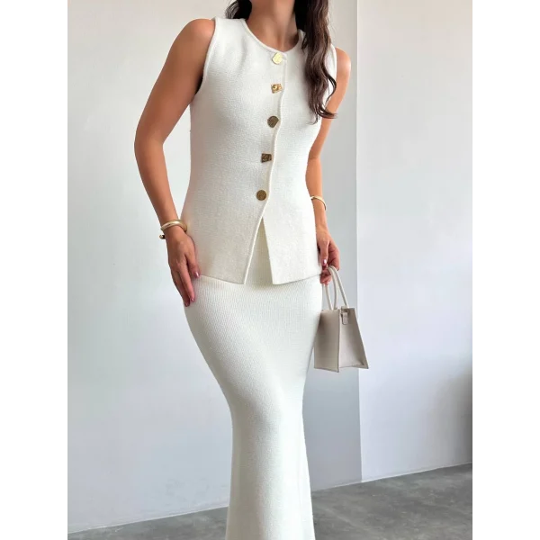 Myra Gold Düğmeli Yelek Etek Takım-Ekru