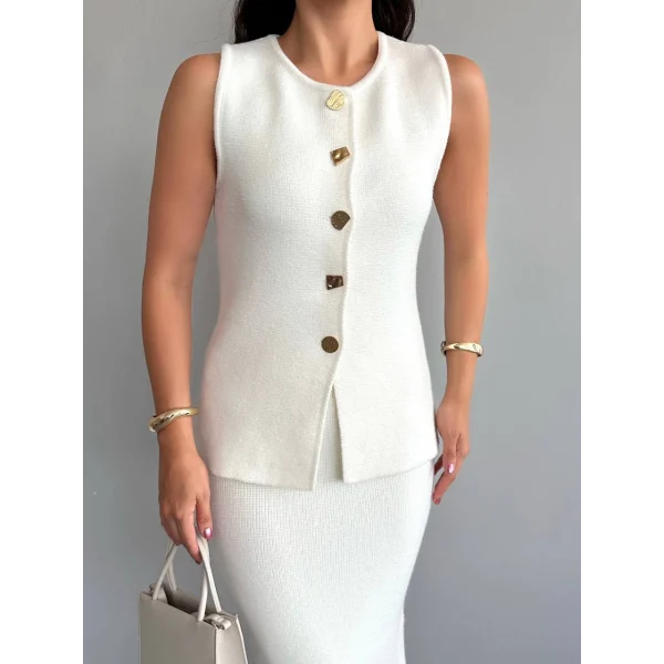 Myra Gold Düğmeli Yelek Etek Takım-Ekru