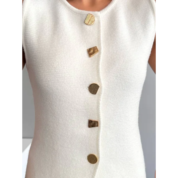 Myra Gold Düğmeli Yelek Etek Takım-Ekru