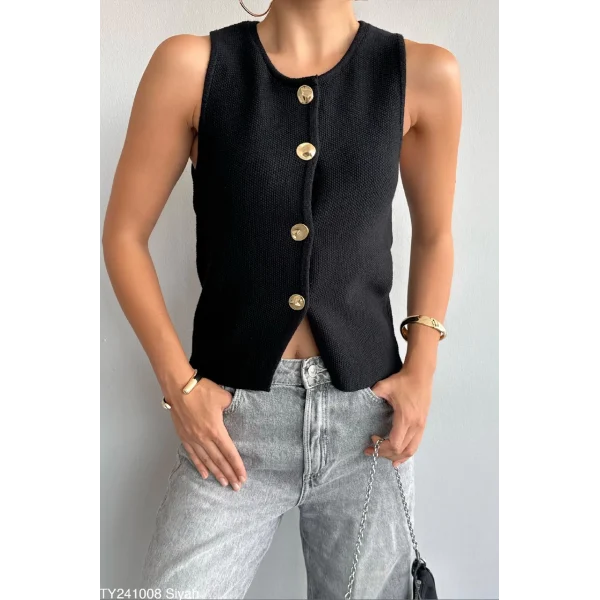 Gold Düğme Siyah Triko Yelek