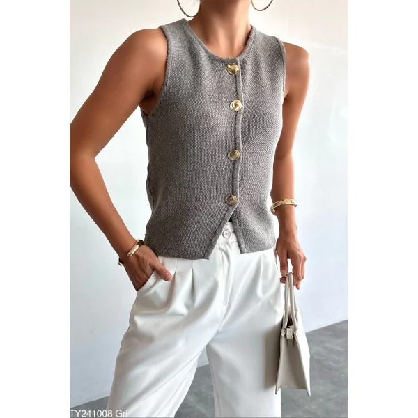 Premium Gold Düğme Gri Triko Yelek