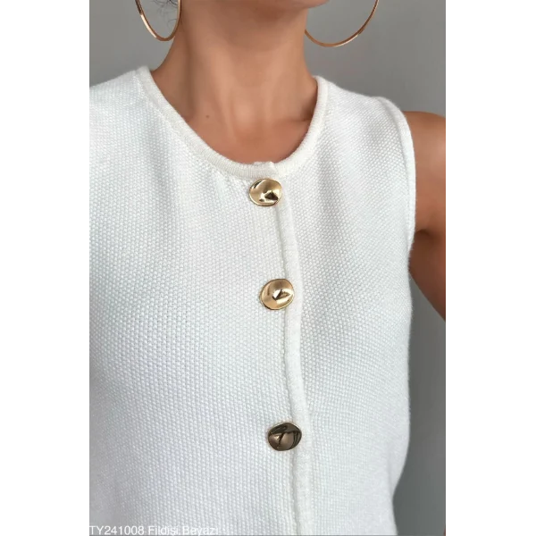 Premium Gold Düğme Beyaz Triko Yelek