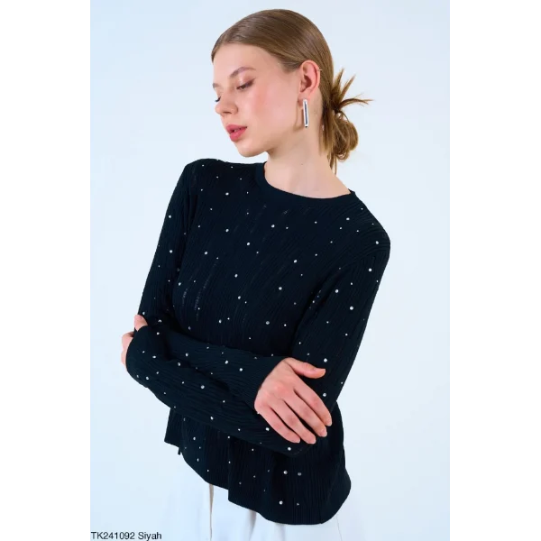 Taşlı Triko Siyah İnce Kazak