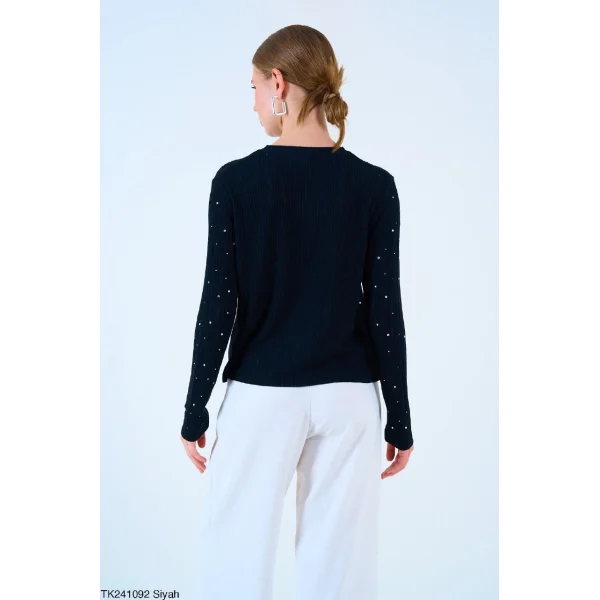 Taşlı Triko Siyah İnce Kazak