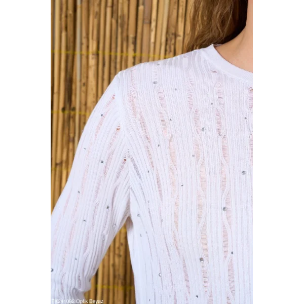 Taşlı Triko Beyaz İnce Kazak