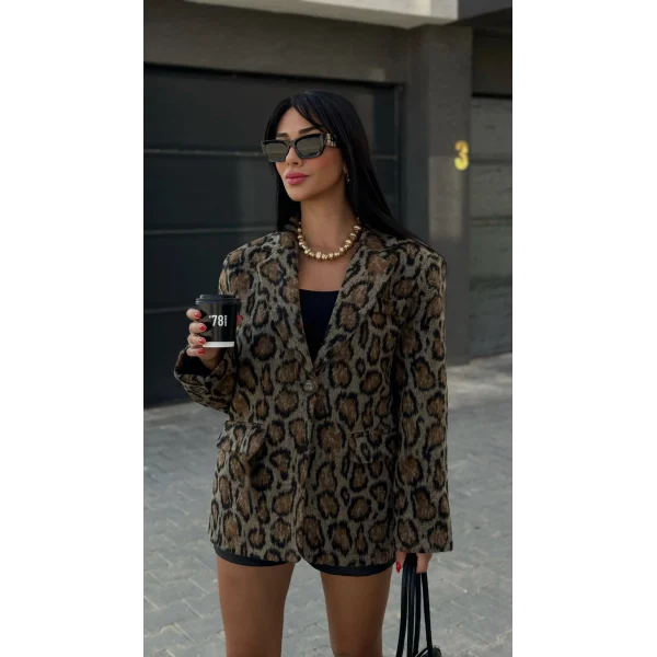 Leopar Desenli Kaşe Blazer Ceket Kahverengi