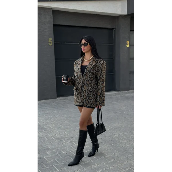 Leopar Desenli Kaşe Blazer Ceket Kahverengi