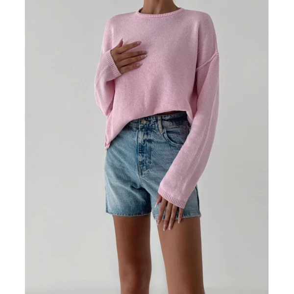 Dikiş Detay İnce Triko Kazak Pembe