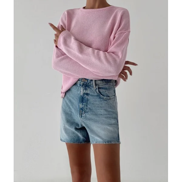 Dikiş Detay İnce Triko Kazak Pembe