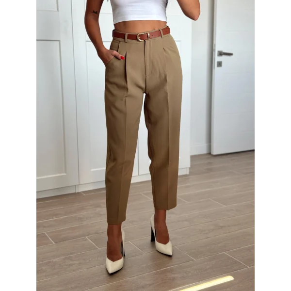 MYRA Yüksek Bel Kemerli Havuç Pantolon Haki