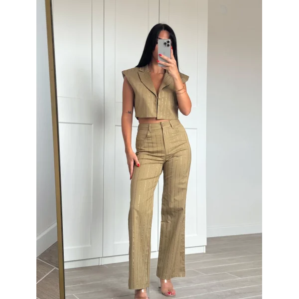 Taş İşlemeli Yelek Pantolon Takım Haki