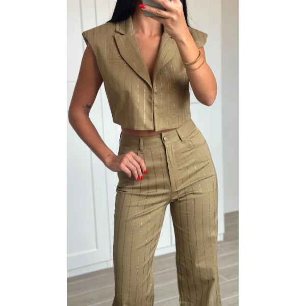 Taş İşlemeli Yelek Pantolon Takım Haki