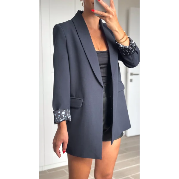 Myra Leopar Astarlı Şal Yaka Blazer Ceket Lacivert