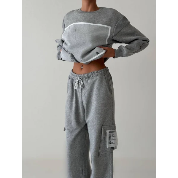 Sırtı Fermuar Detaylı Baskılı Sweatshirt Gri