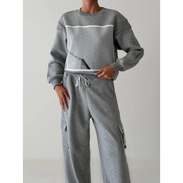 Sırtı Fermuar Detaylı Baskılı Sweatshirt Gri